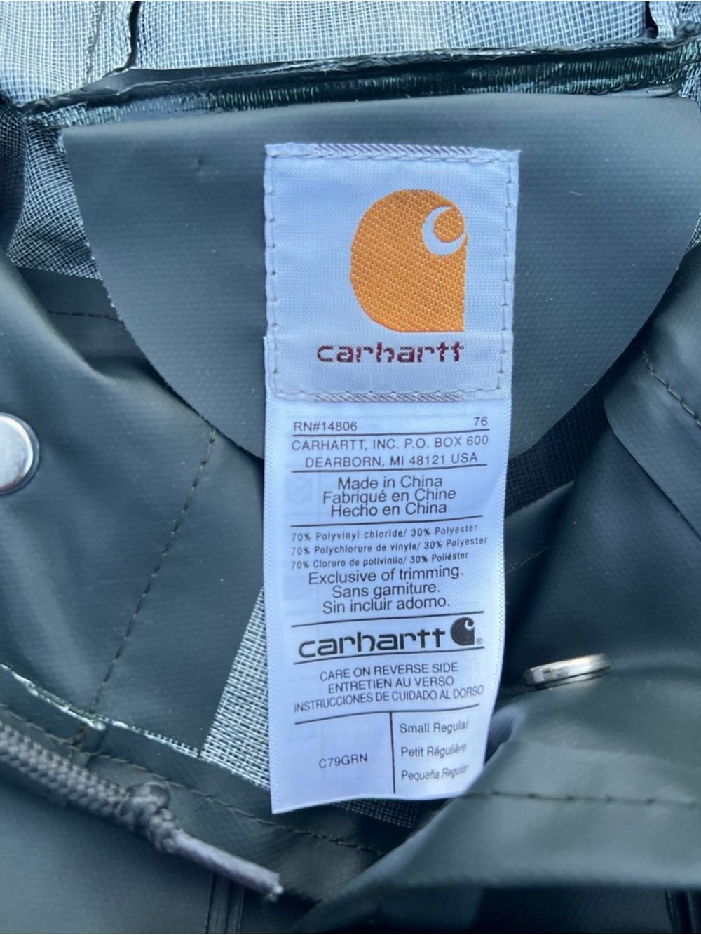 Carhartt Lightweight Waterproof Rain Storm Coat/Rain Jacket View 6